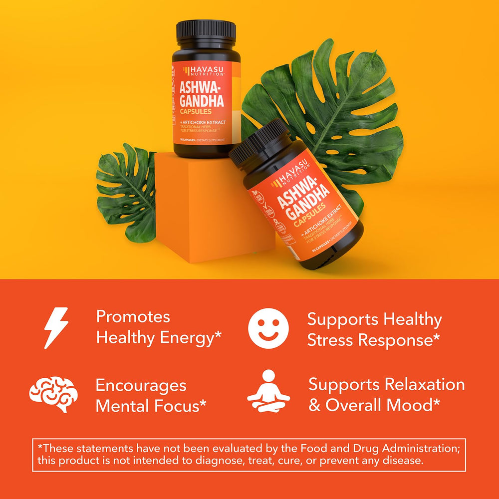 HAVASU NUTRITION Ashwagandha capsules pack shows 90 vegan servings.