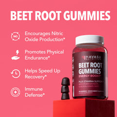 Close-up of HAVASU Nutrition Beet Root Gummies label highlights CoQ10 and pomegranate.