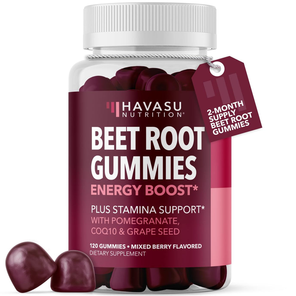 HAVASU NUTRITION Beet Root Gummies bottle close-up showing energy support