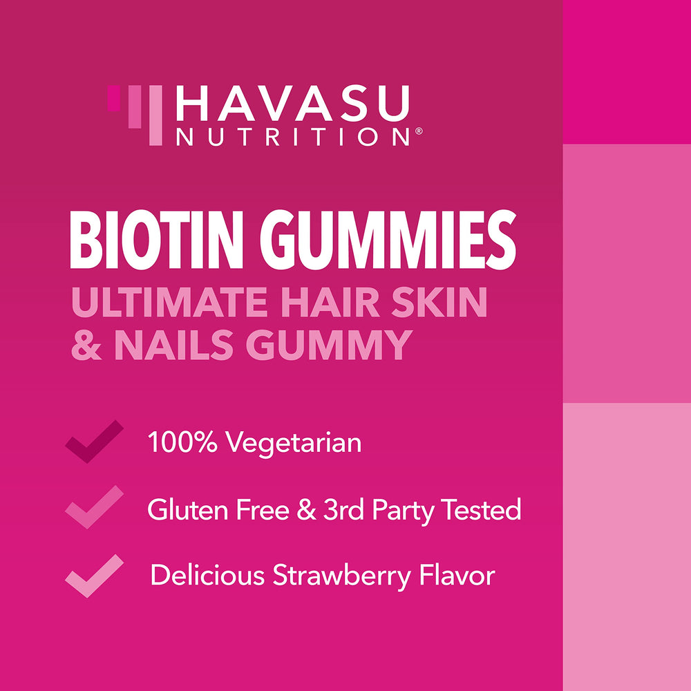 Serving scoop with gummies showing 5000 mcg dose for hair and nails.