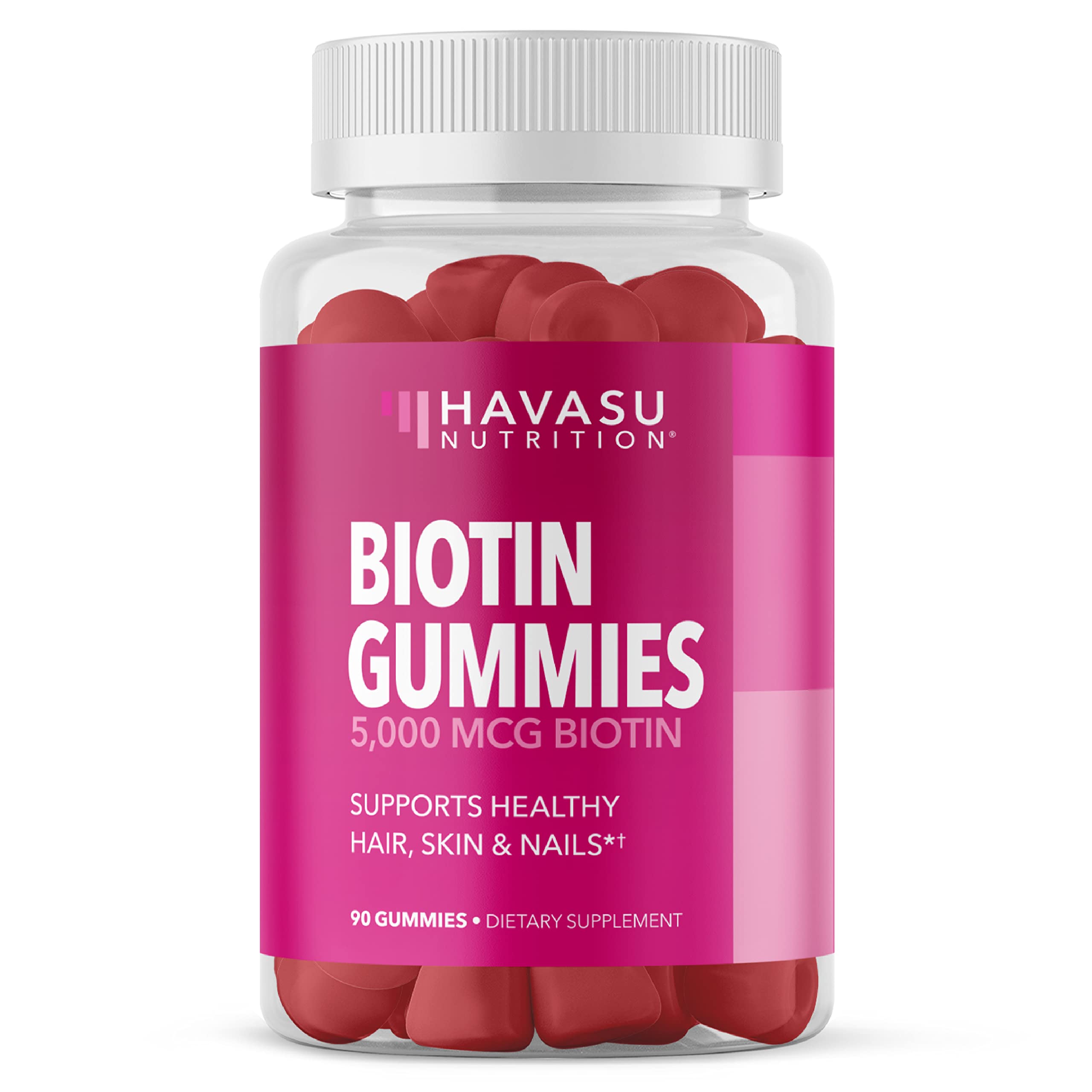 HAVASU Biotin gummies bottle promotes hair and nails support with strawberry flavor.