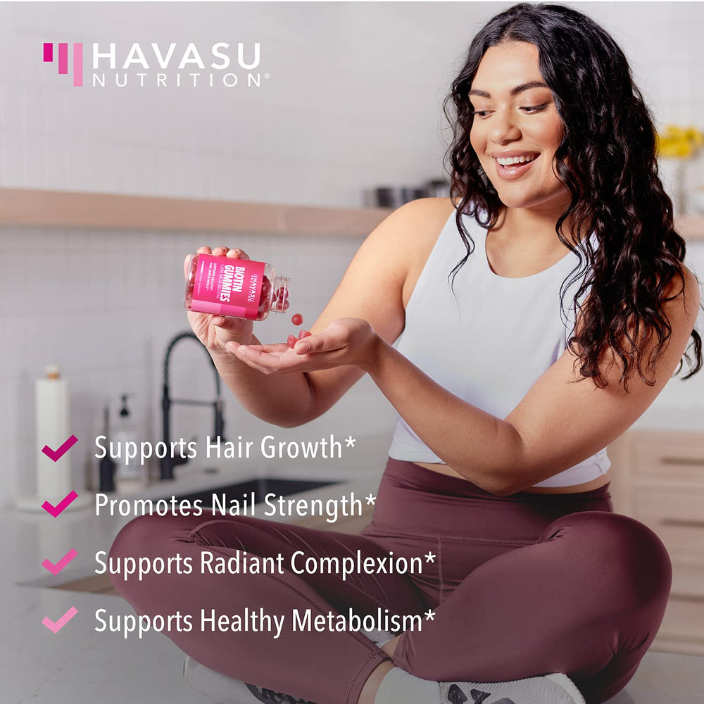 Vegan label on HAVASU Biotin gummies packaging.