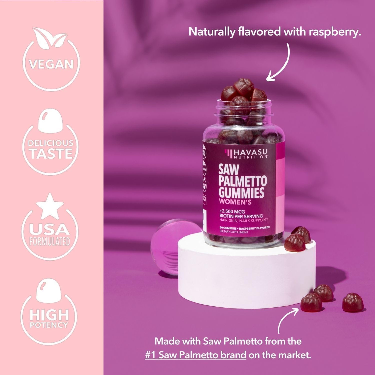 Product imagery with biotin and saw palmetto symbols reinforce health-forward messaging.