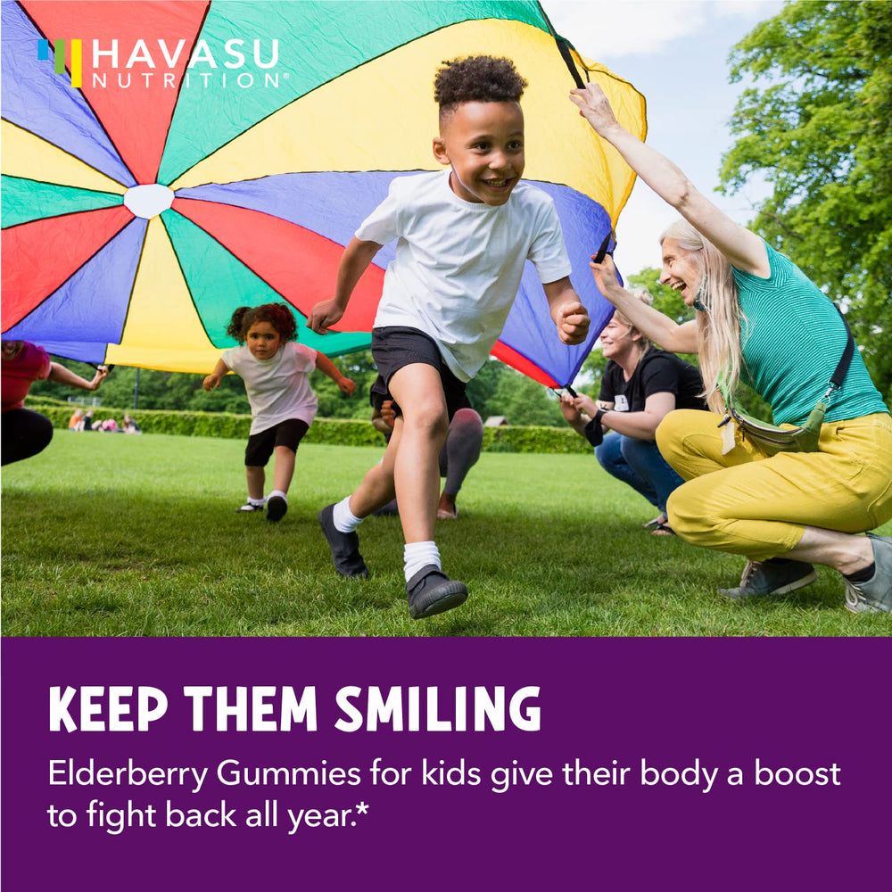 Berry-flavored HAVASU NUTRITION elderberry gummies assembly highlight for kids.