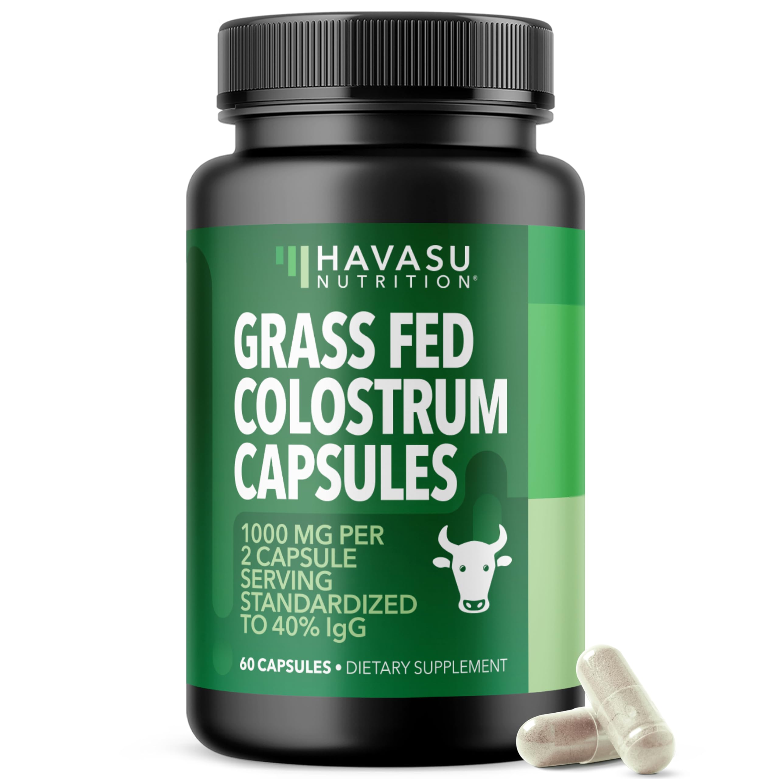 HAVASU NUTRITION grass-fed colostrum capsules in a bottle for daily immune support.