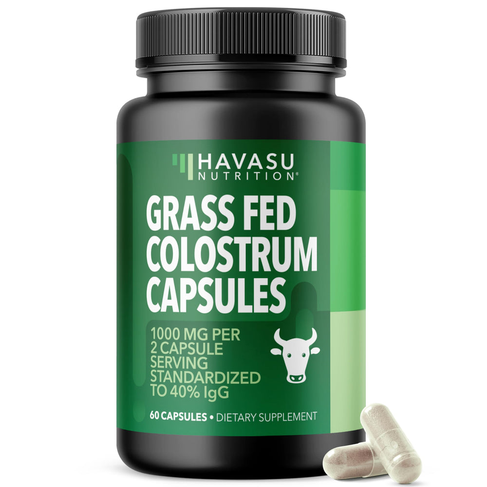 HAVASU NUTRITION grass-fed colostrum capsules in a bottle for daily immune support.
