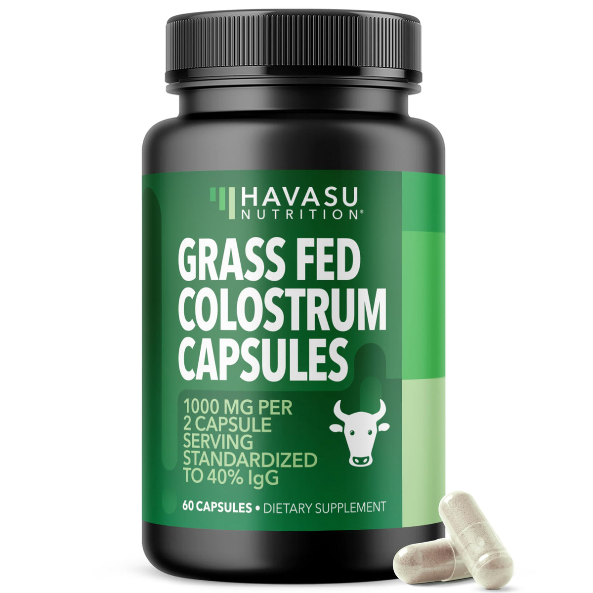 HAVASU NUTRITION grass-fed colostrum capsules in a bottle for daily immune support.