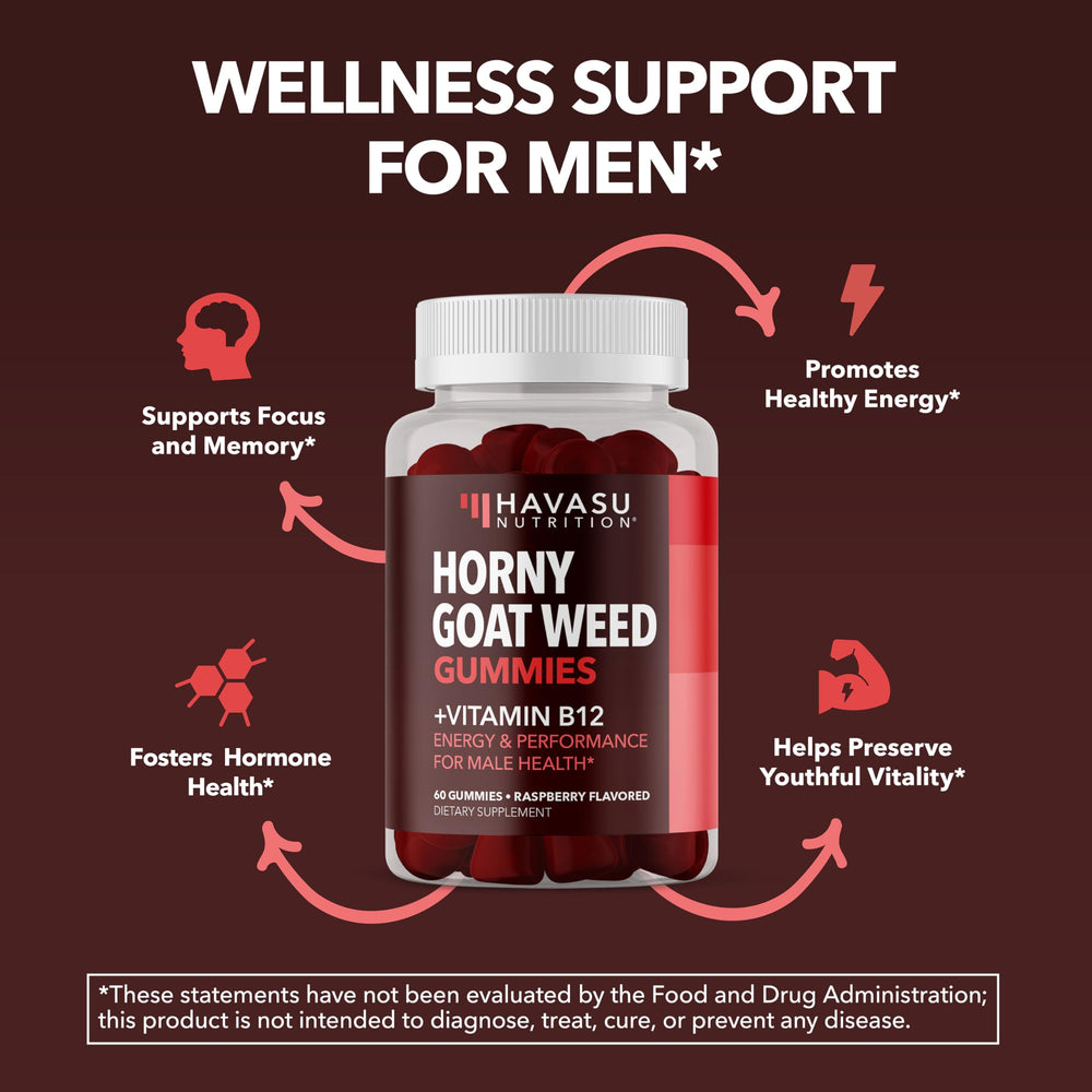 Havasu Nutrition Horny Goat Weed Gummies energy bottle emphasizes B12-enhanced vitality