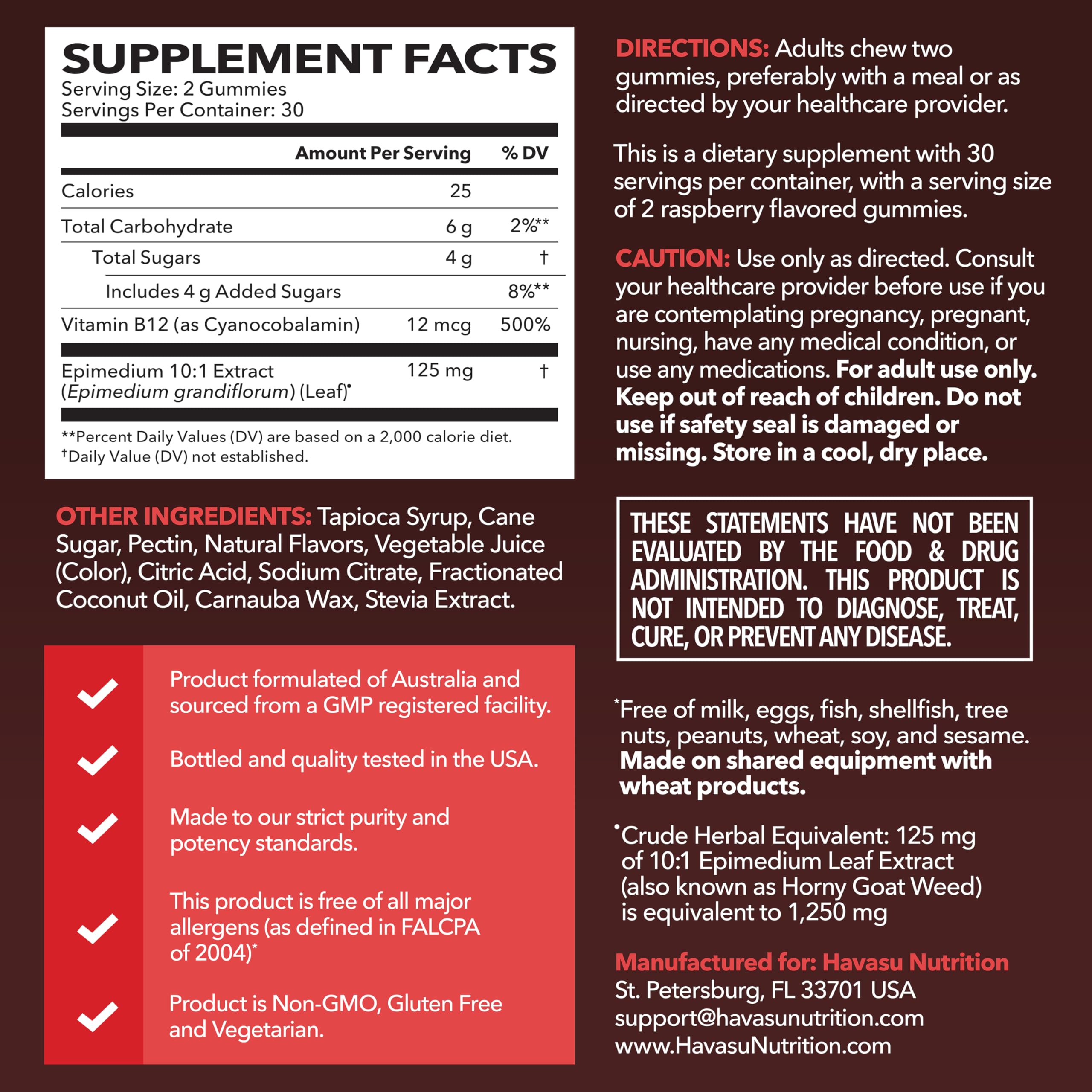 HAVASU NUTRITION Horny Goat Weed Gummies Raspberry label showing vegetarian, non-GMO formula