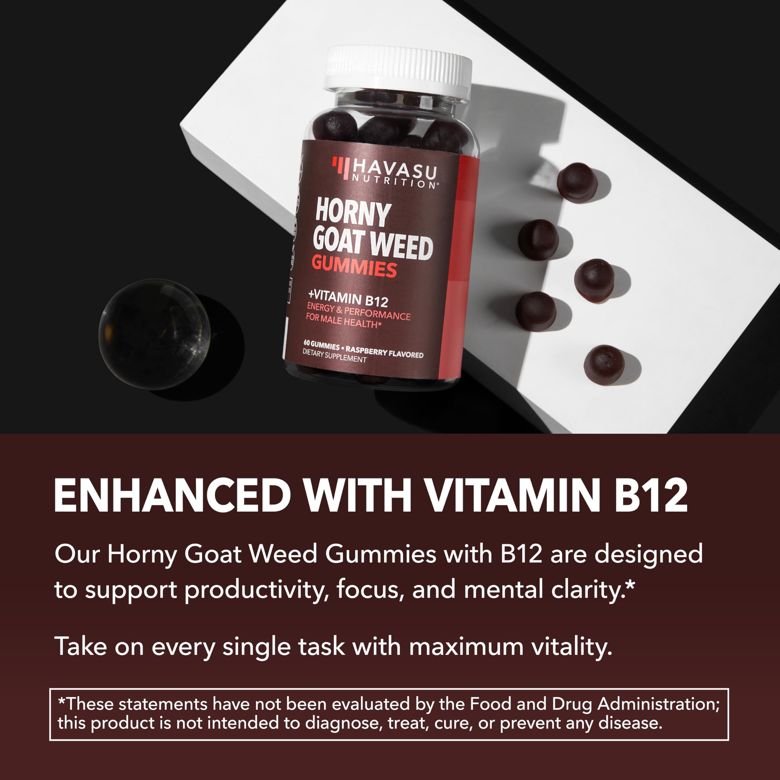 HAVASU NUTRITION Horny Goat Weed Gummies vegetarian form packaging highlights active lifestyle support