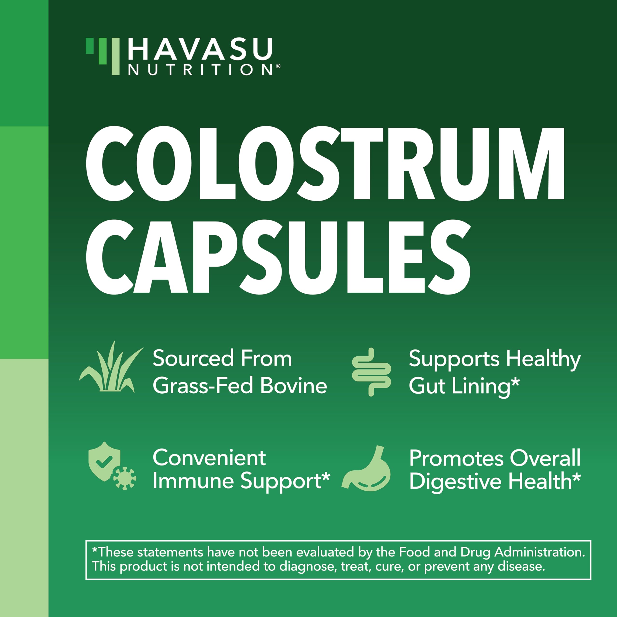 HAVASU NUTRITION 40 percent IgG colostrum highlights high immunoglobulin content.