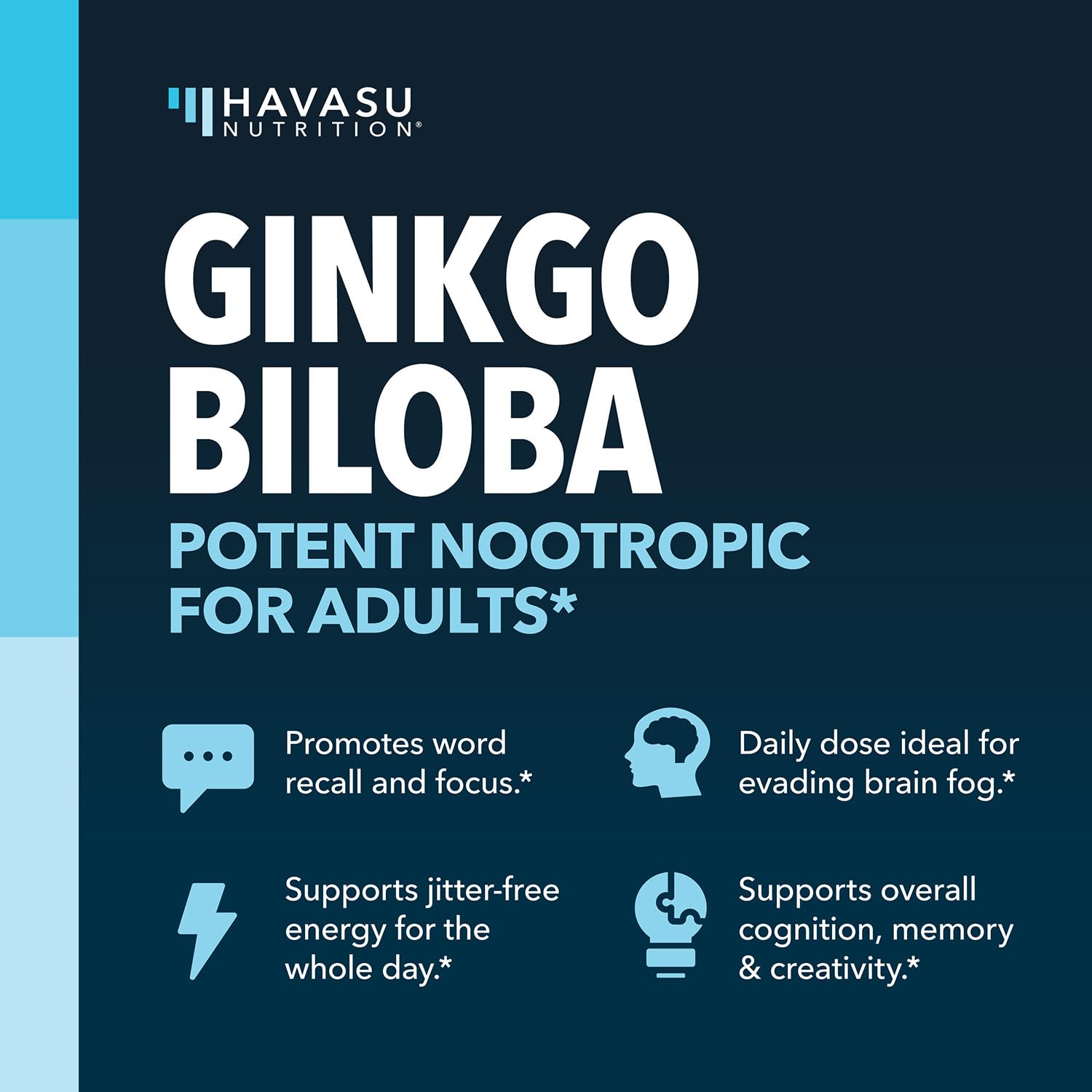 Havasu Nutrition ingredients panel emphasizes ginkgo and PS for brain health.