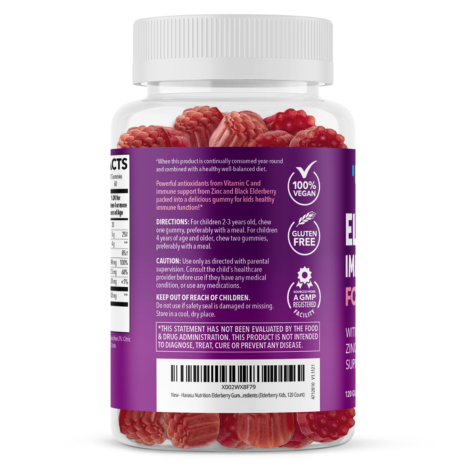 Closeup of HAVASU NUTRITION kids berry-flavored gummies for tasty daily vitamin C and zinc.