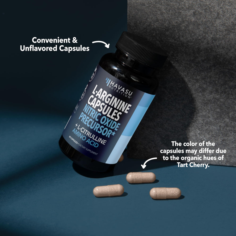 Escena de gimnasio con HAVASU NUTRITION L-ARGININA Citrulina en cápsulas.
