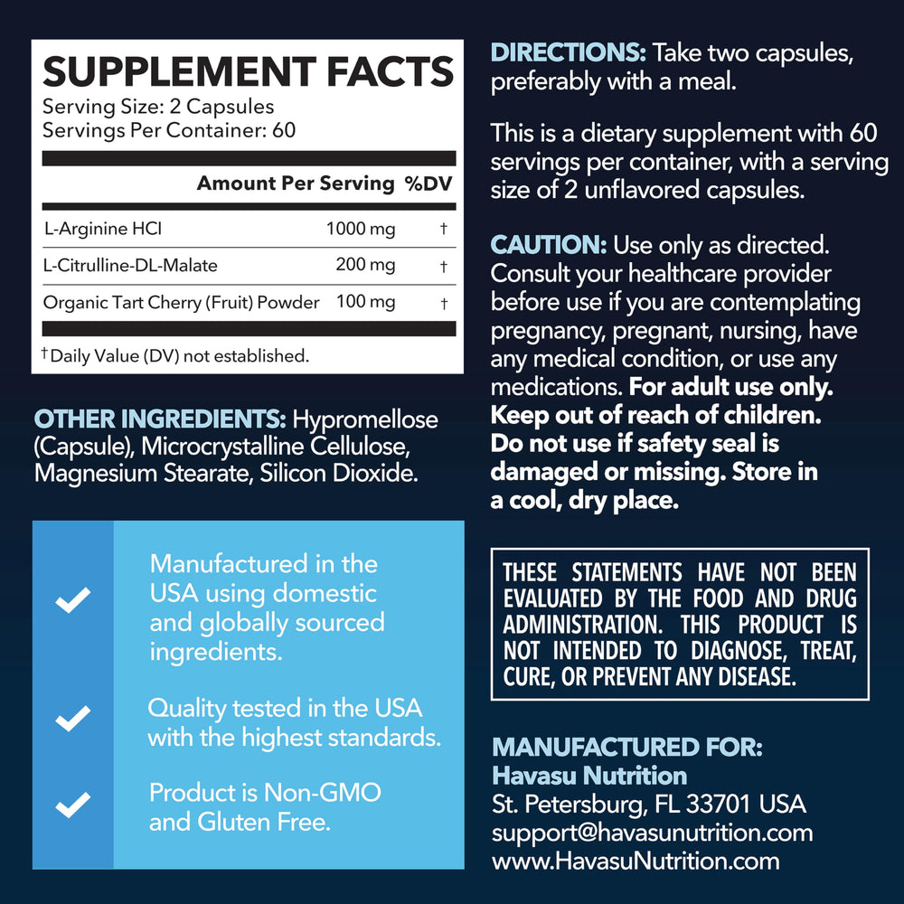 HAVASU NUTRITION L-Arginine Citrulline capsules closeup highlighting vegan, non-GMO formula for daily endurance.