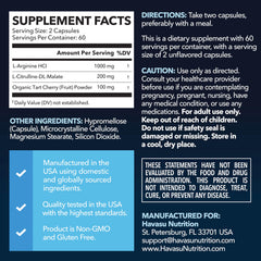 HAVASU NUTRITION L-Arginine Citrulline capsules closeup highlighting vegan, non-GMO formula for daily endurance.