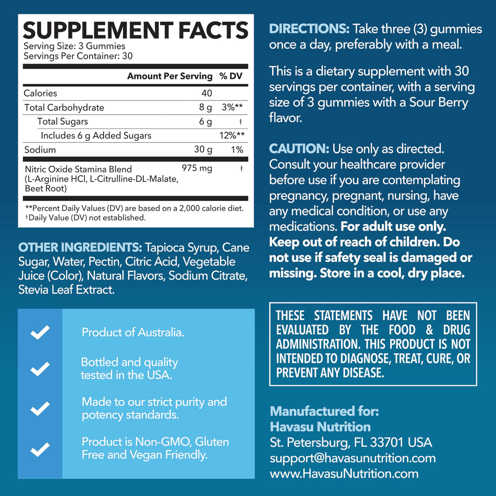 HAVASU NUTRITION L-Arginine Gummies close-up, tangy sour berry flavor for pre-workout motivation.