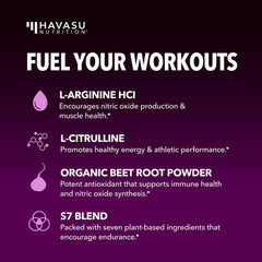 HAVASU NUTRITION L-Arginine en polvo lista para mezclar en bebidas post-entrenamiento.
