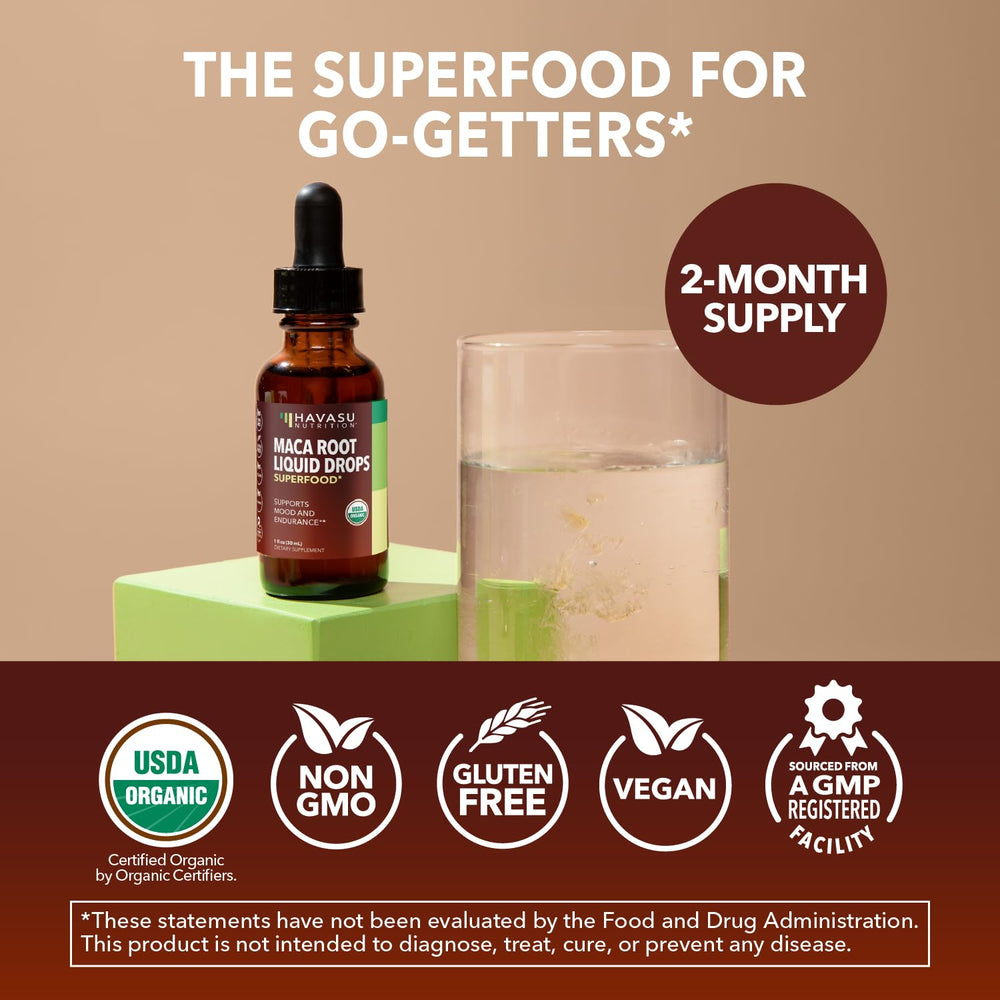 HAVASU NUTRITION Maca drops unflavored option bottle.