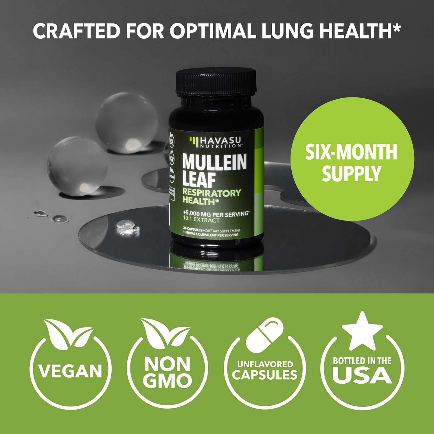 HAVASU NUTRITION Mullein Leaf Capsules bottle shown on kitchen counter for daily routine.