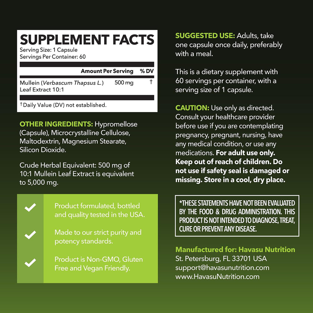 HAVASU NUTRITION Mullein Leaf capsules closeup highlights 5000mg extract per serving.