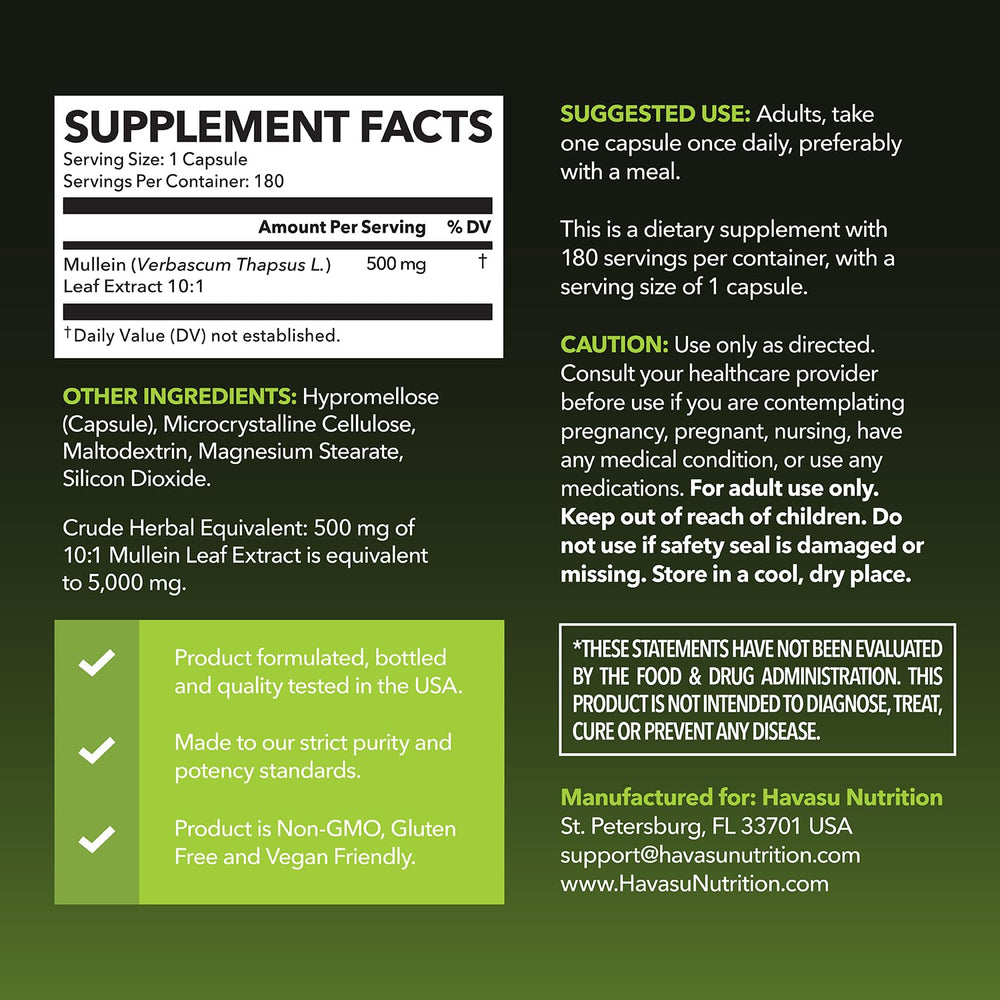 HAVASU NUTRITION Mullein Leaf Capsules front label showing vegan, non-GMO formulation.