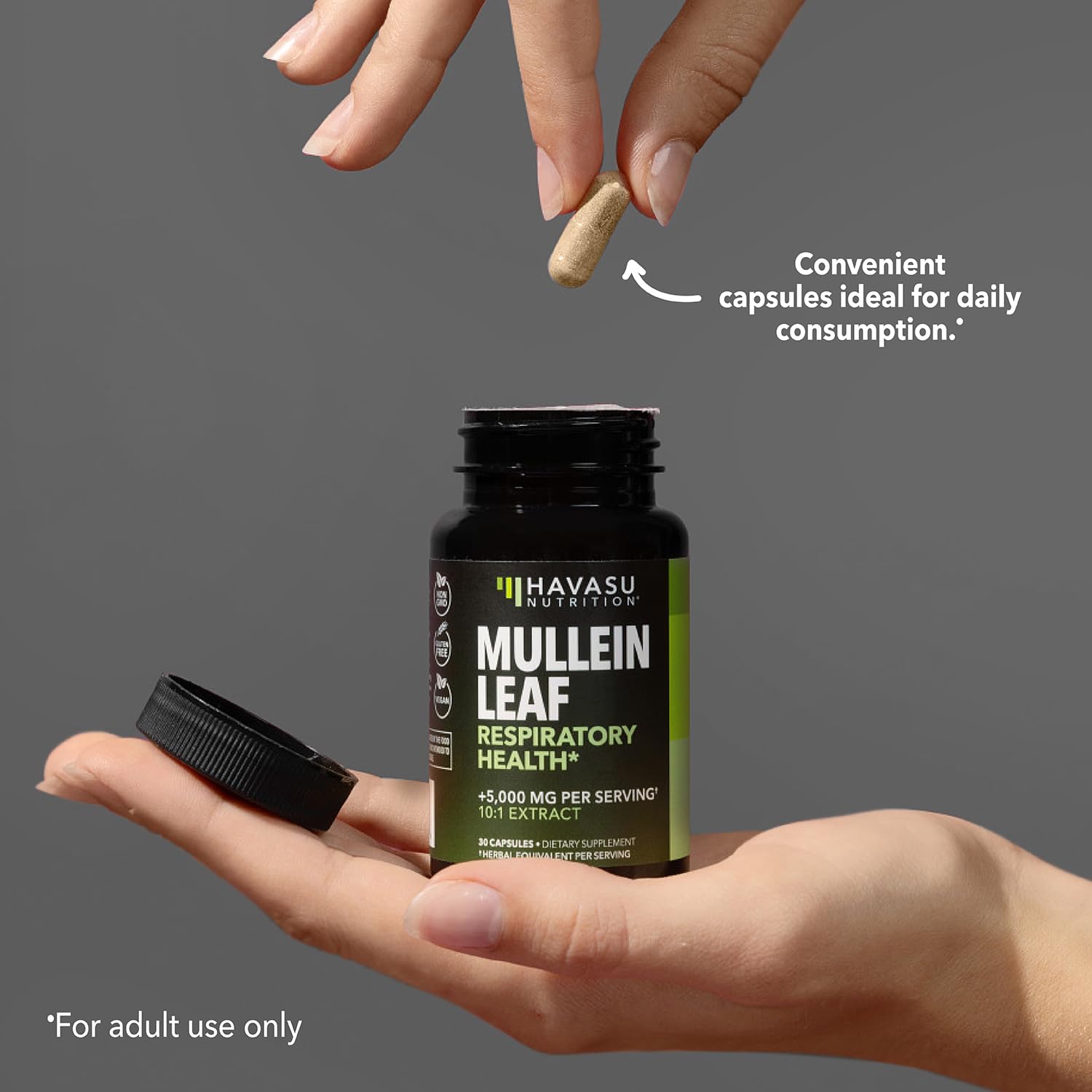 HAVASU NUTRITION Mullein Leaf capsules label design highlights ingredients clearly.