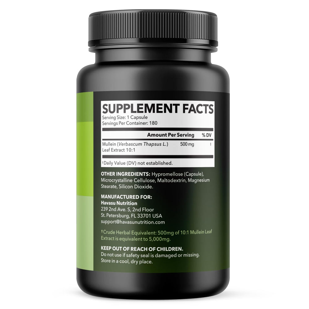 HAVASU NUTRITION Mullein Leaf Capsules packaging box highlighting 6 month supply