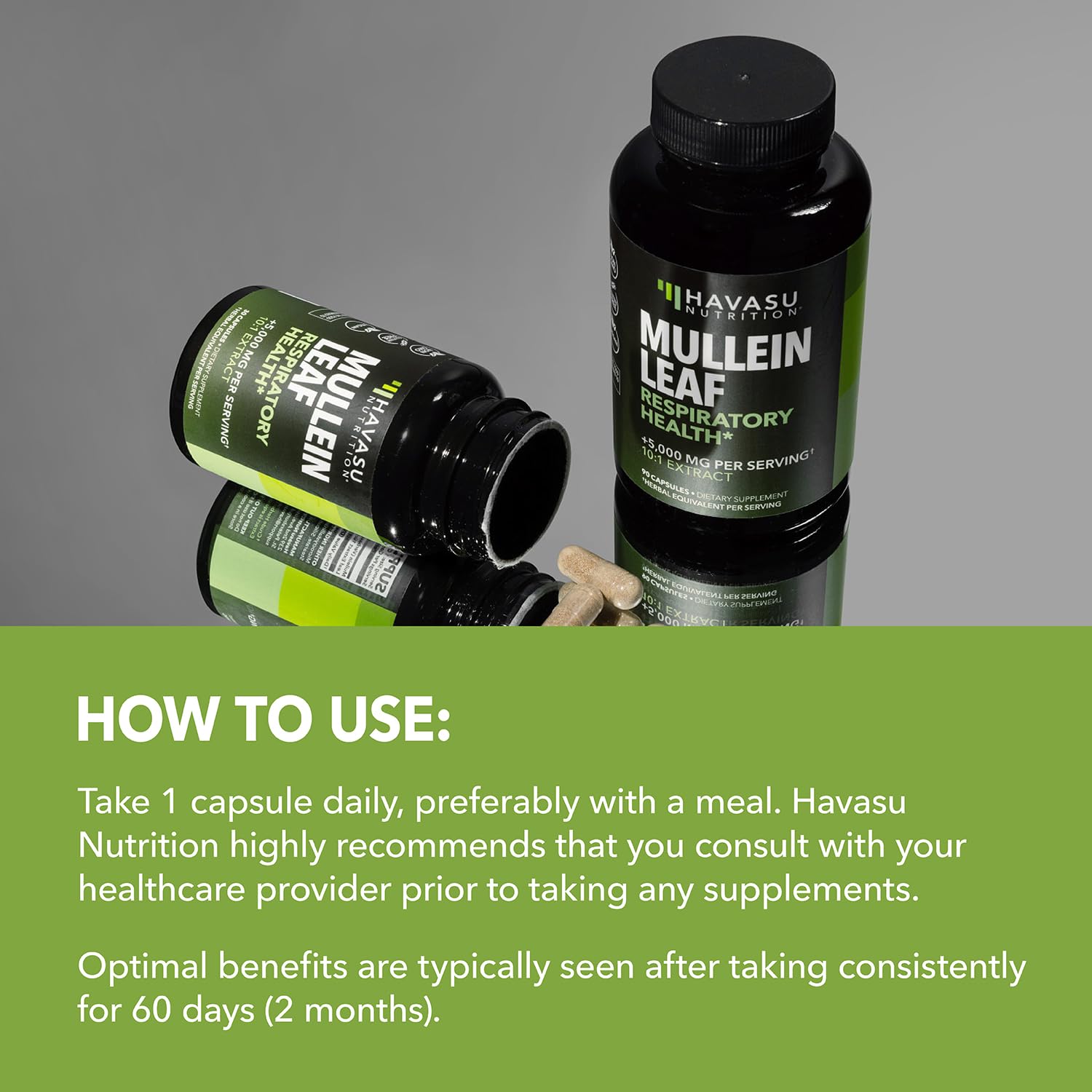 HAVASU NUTRITION Mullein Leaf capsules packaging scene conveys GMP-tested quality.