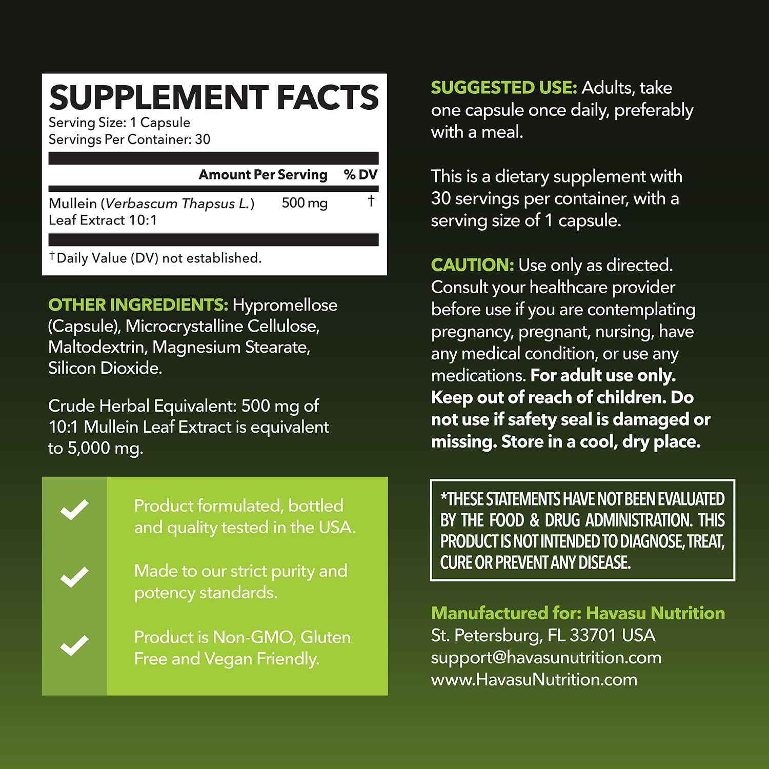 Packaging highlights vegan, non-GMO mullein formula for wellness.