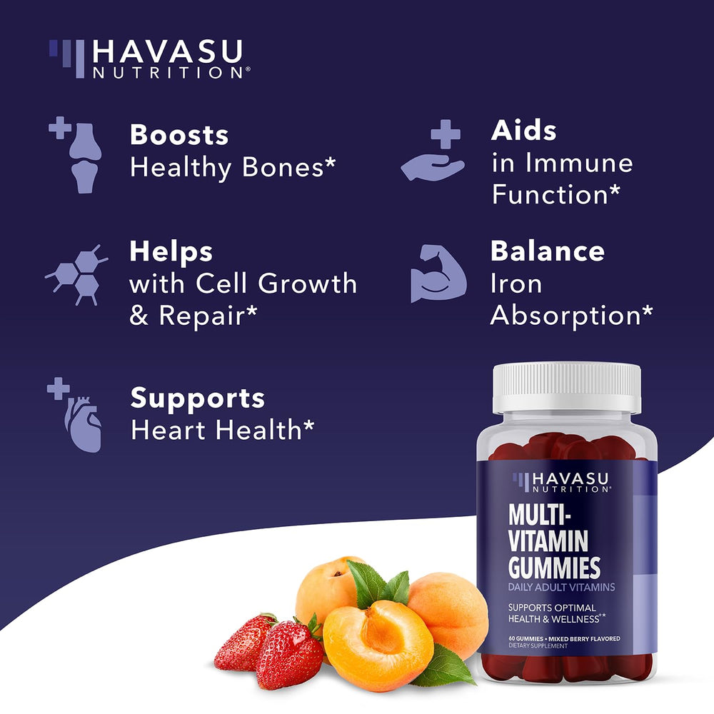 HAVASU Nutrition multivitamin gummies bottle on desk for a simple morning routine.