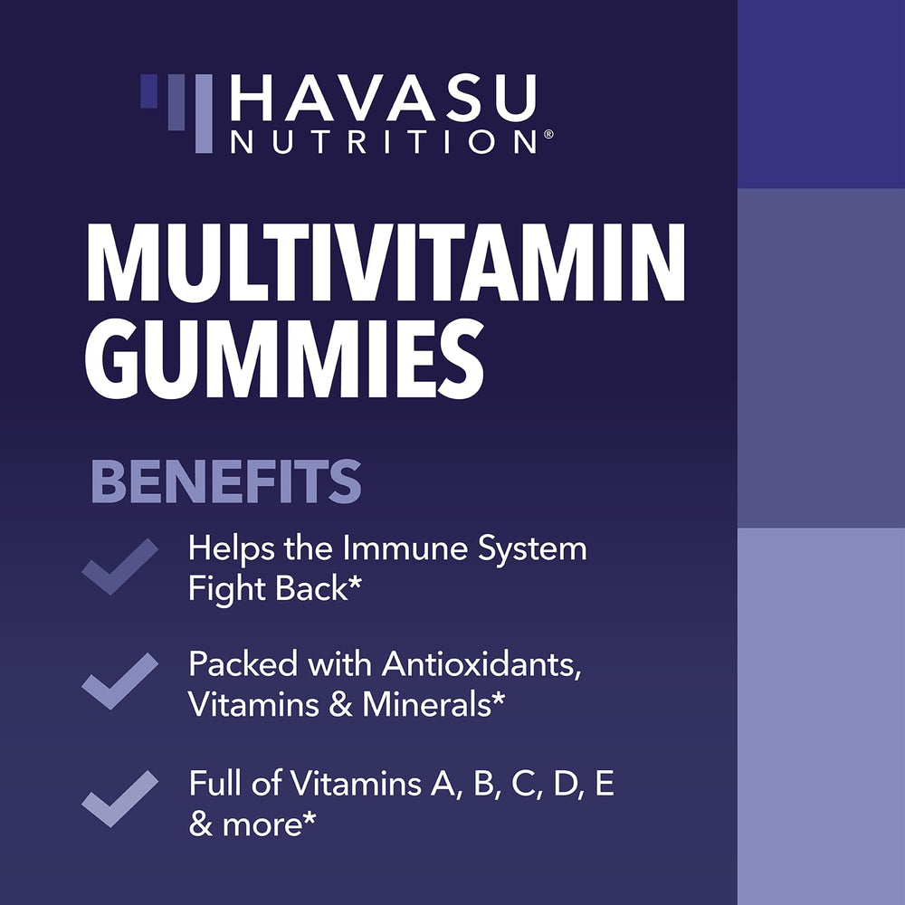 HAVASU Nutrition multivitamin gummies closeup of berry shapes for tasty daily wellness.