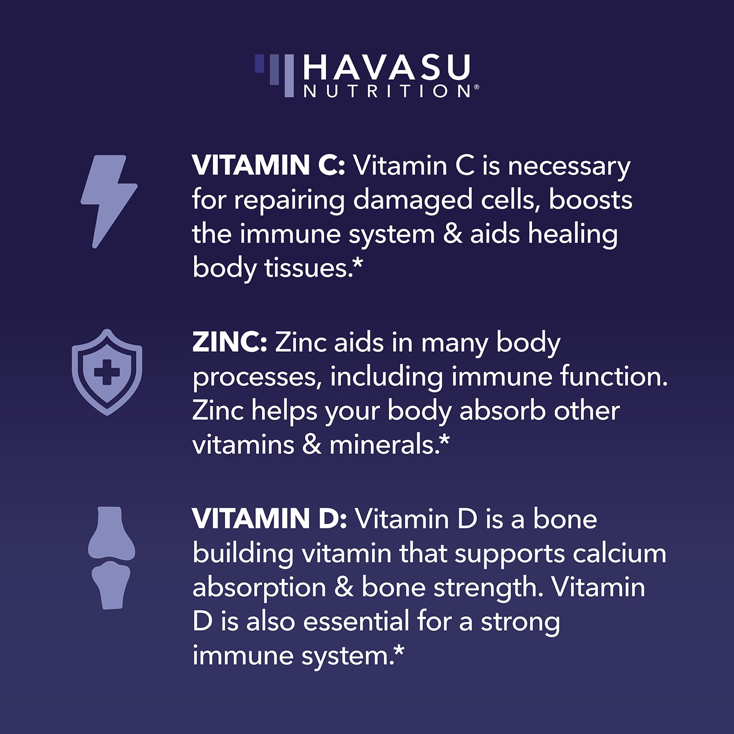 HAVASU Nutrition multivitamin gummies packaging highlights Vitamin C and Zinc.