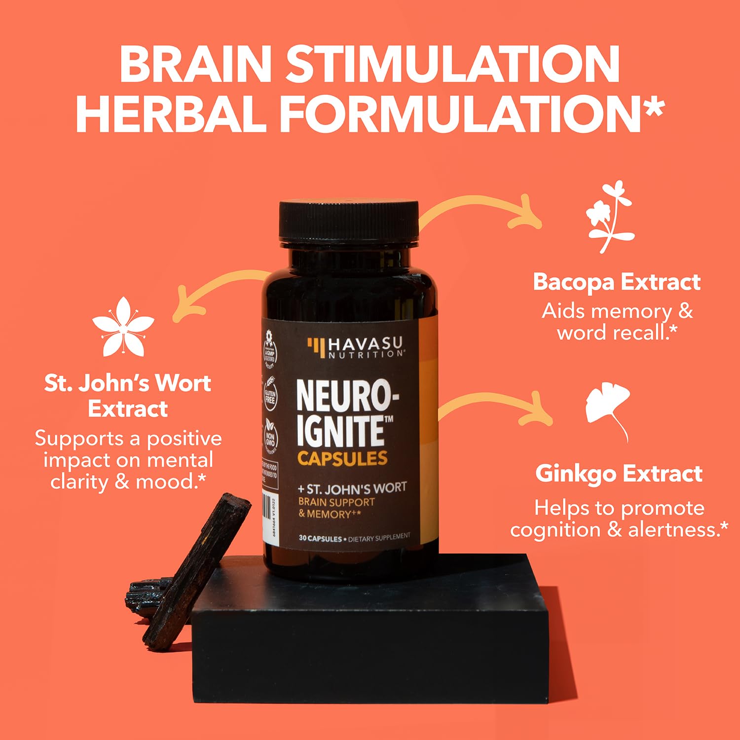 HAVASU NUTRITION NeuroIGNITE label detail highlights bacopa and ginkgo