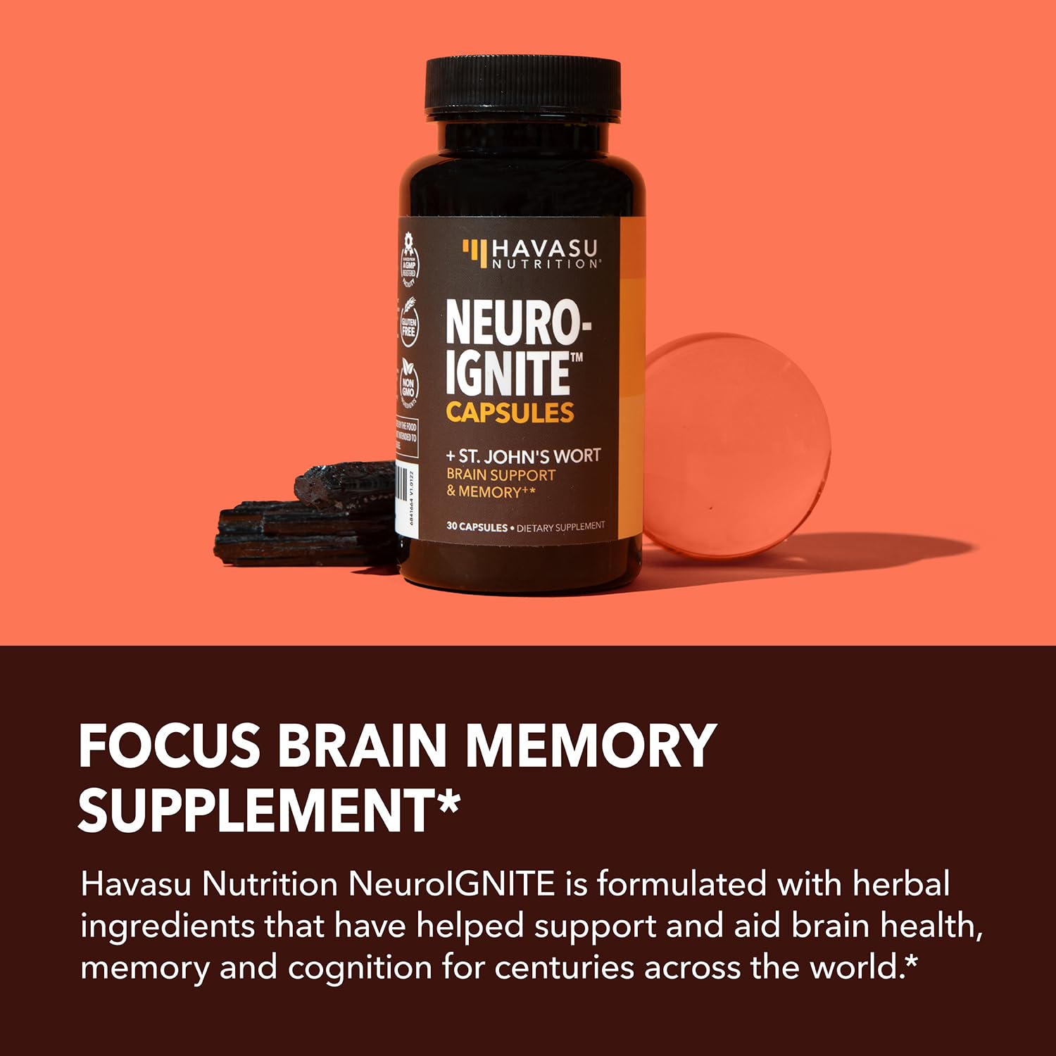 HAVASU NUTRITION NeuroIGNITE label close-up showing St. John's Wort and Bacopa.