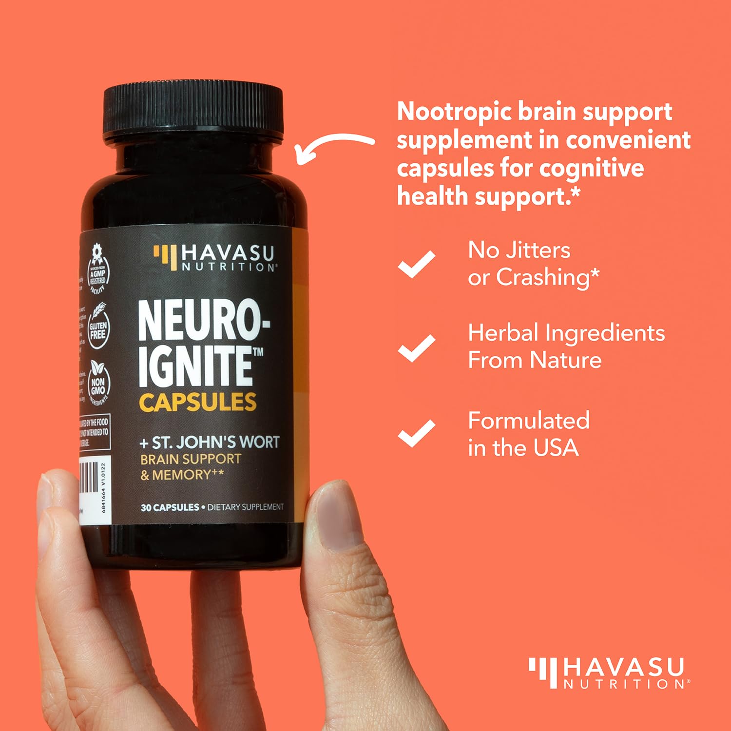 HAVASU NUTRITION NeuroIGNITE packaging emphasizing GMP manufacturing standards.