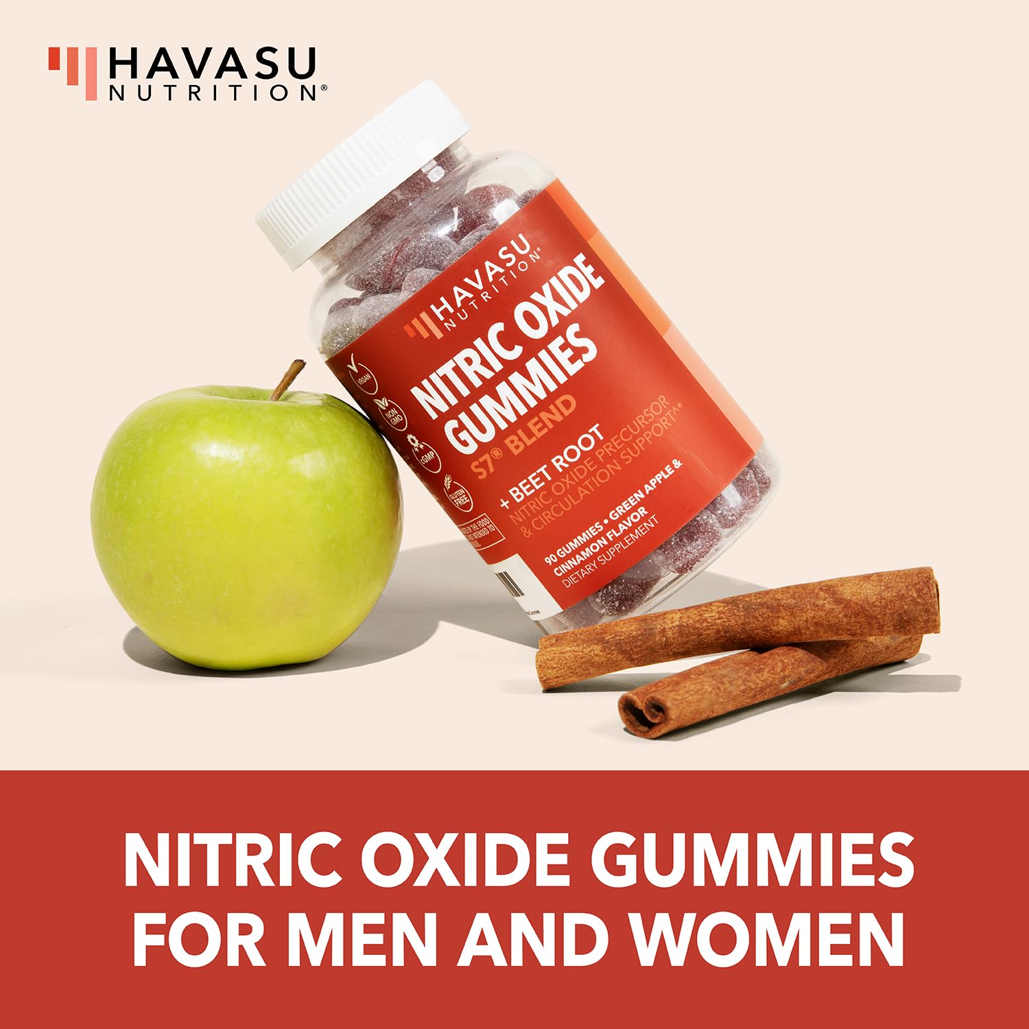 HAVASU Nitric Oxide Gummies 90-count pack angled for gym-goers seeking recovery-friendly nutrition.