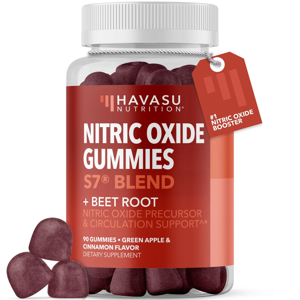 HAVASU Nutrition Nitric Oxide Gummies bottle showing the endurance-focused supplement in a sleek package.