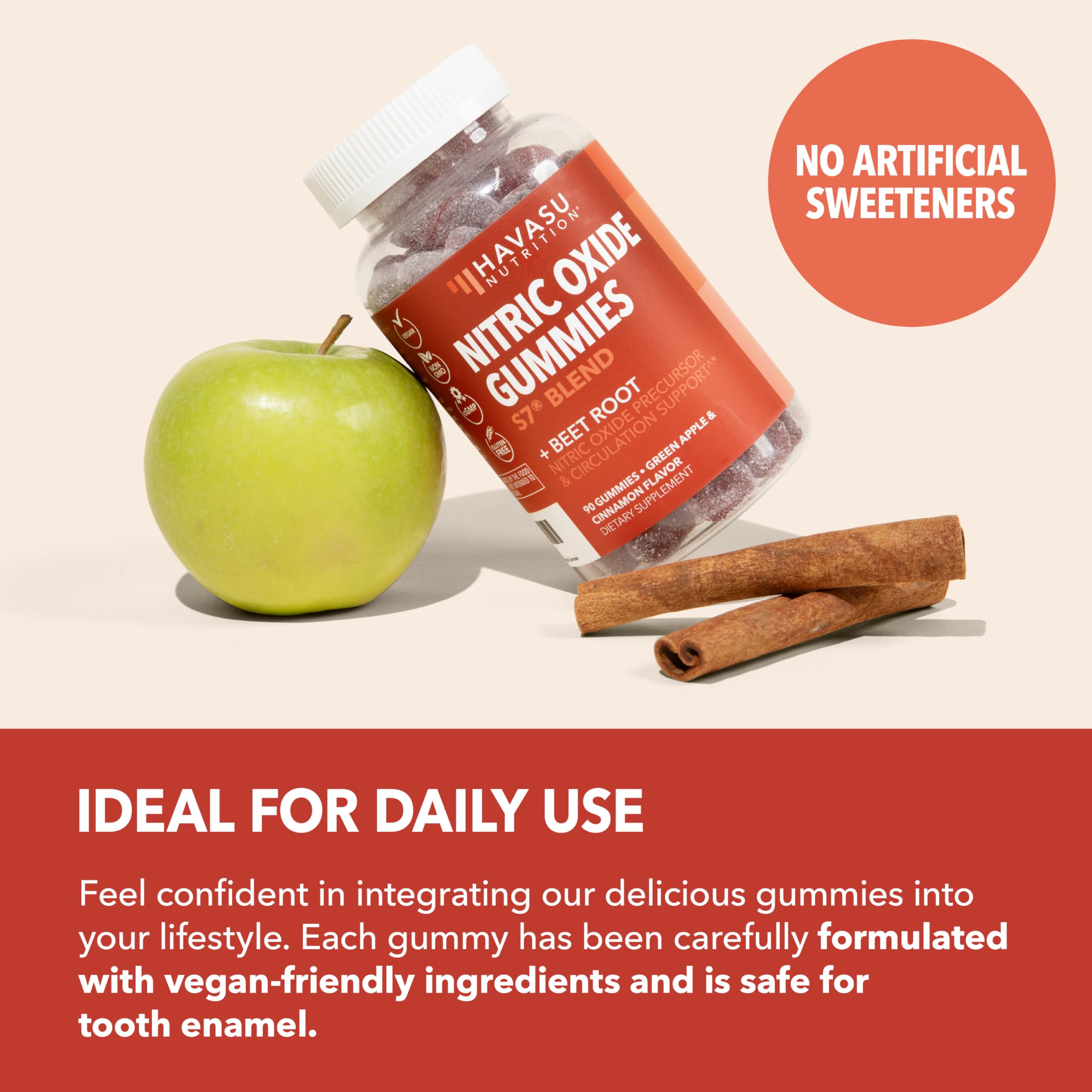 HAVASU Nitric Oxide Gummies ingredients list featuring L-Arginine and beet root for nitric oxide support.