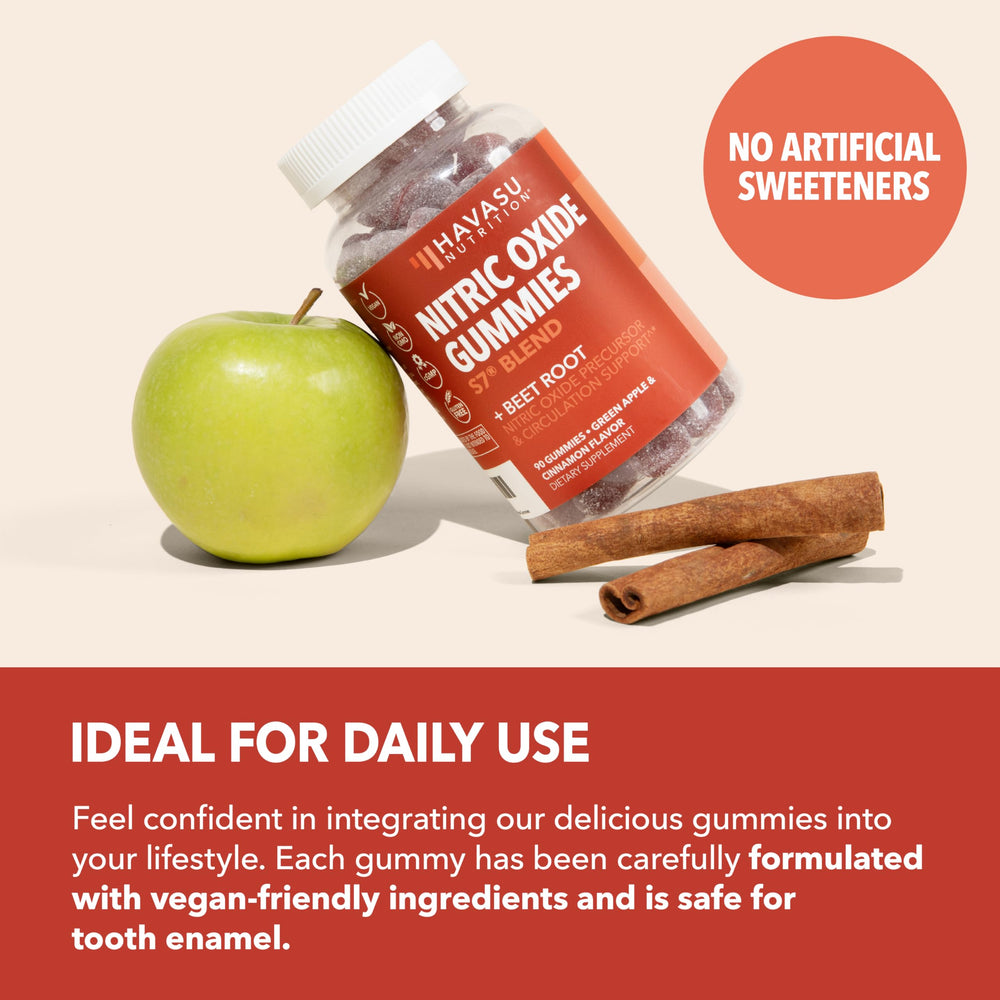 HAVASU Nitric Oxide Gummies ingredients list featuring L-Arginine and beet root for nitric oxide support.