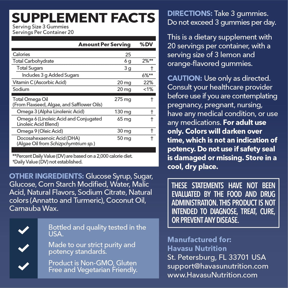HAVASU Nutrition gummies closeup shows citrus flavor and gelatin-free texture.