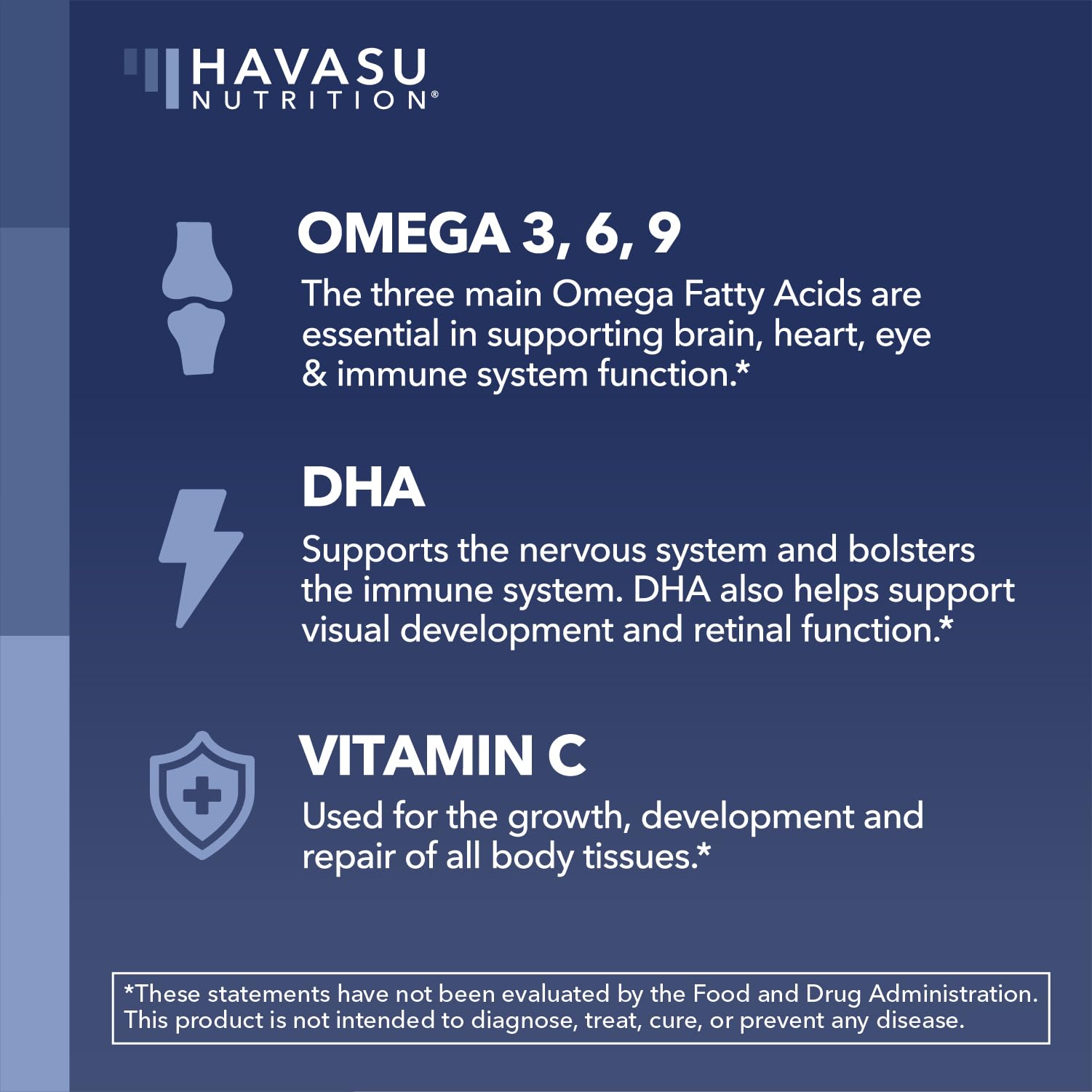 HAVASU Nutrition orange lemon gummies emphasizing plant-based omega benefits.