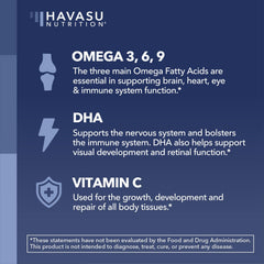 HAVASU Nutrition orange lemon gummies emphasizing plant-based omega benefits.