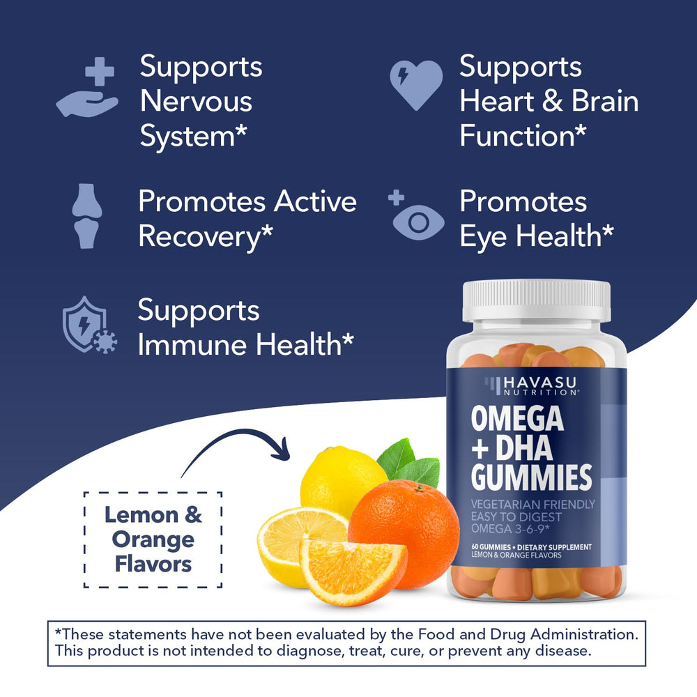 HAVASU Nutrition Omega 3-6-9 gummies with chia and algae sources.