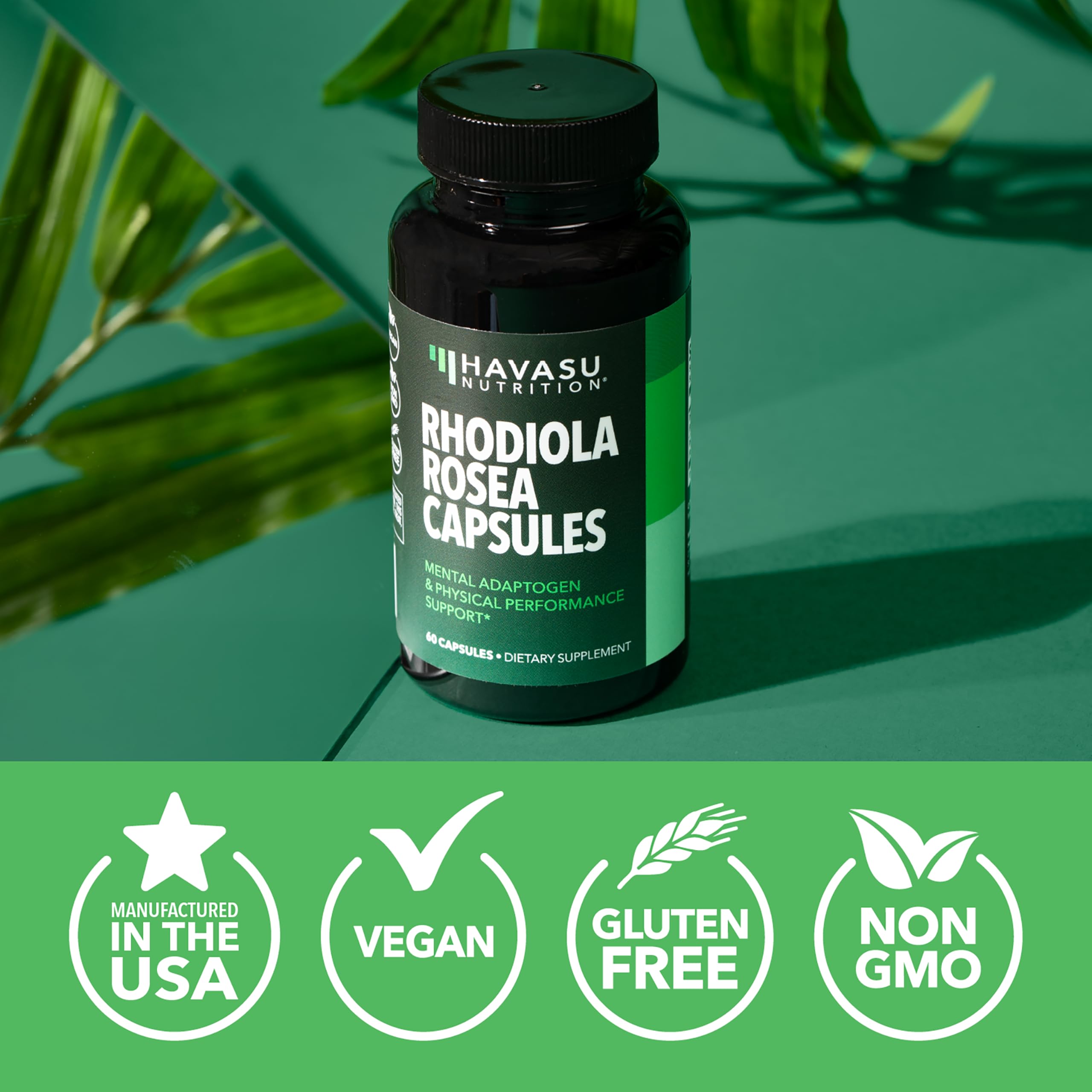 HAVASU NUTRITION Rhodiola Rosea bottle with ocean-green background.