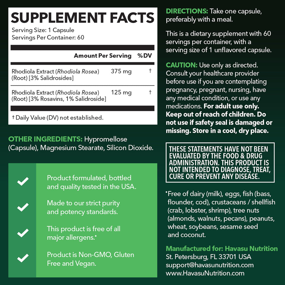 HAVASU NUTRITION Rhodiola Rosea capsules close-up for focused energy.