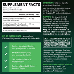 HAVASU NUTRITION Rhodiola Rosea capsules close-up for focused energy.