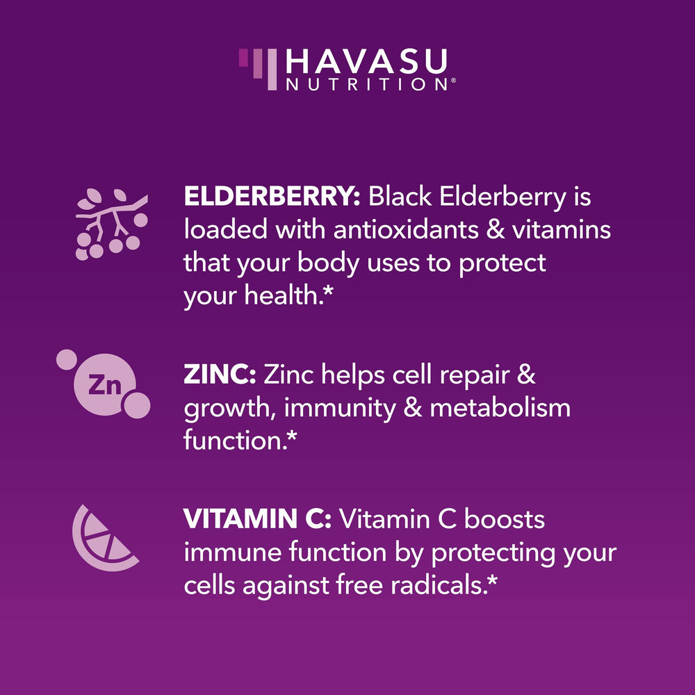 Havasu Nutrition Sambucus Elderberry Gummies bottle label with benefits callout.