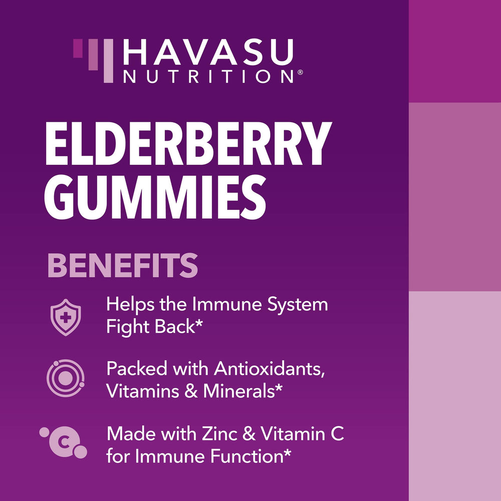 Havasu Nutrition Sambucus Elderberry Gummies vitamin C zinc blend shown on label.
