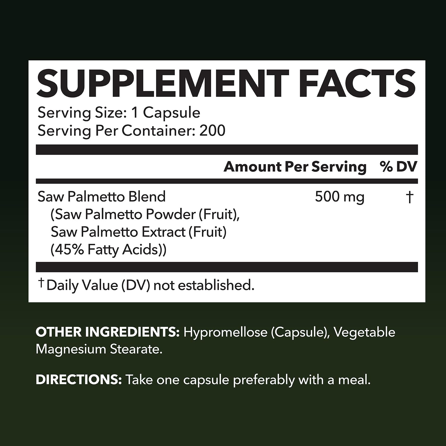 HAVASU NUTRITION Saw Palmetto bottle label highlighting vegan, non-GMO capsules